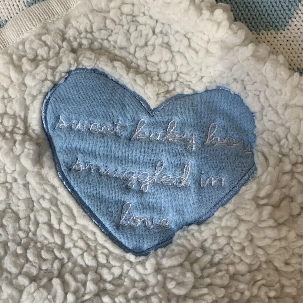 Hallmark Sweet Baby Boy Snuggled In Love‎ Baby Blanket Blue White Chevron Heart